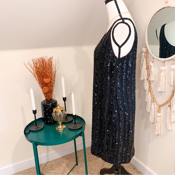 INC International Concepts Black Striped Sequins Silk Flapper Shift Tank Dress - Picture 3 of 5